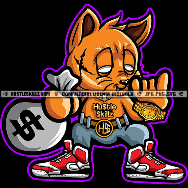 Gangster Scarface Cat Holding Money Bag Vector Cat Standing Design Element Red Eye Cat Black And White Background SVG JPG PNG Vector Clipart Cricut Cutting Files