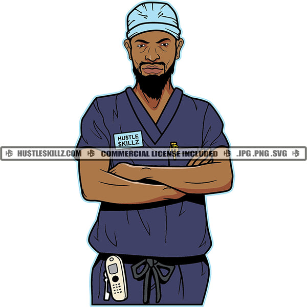 African American Man Standing Hand Holding Each Hand Vector Design Element Black And White Background Afro man Wearing Hat Angry Face SVG JPG PNG Vector Clipart Cricut Cutting Files