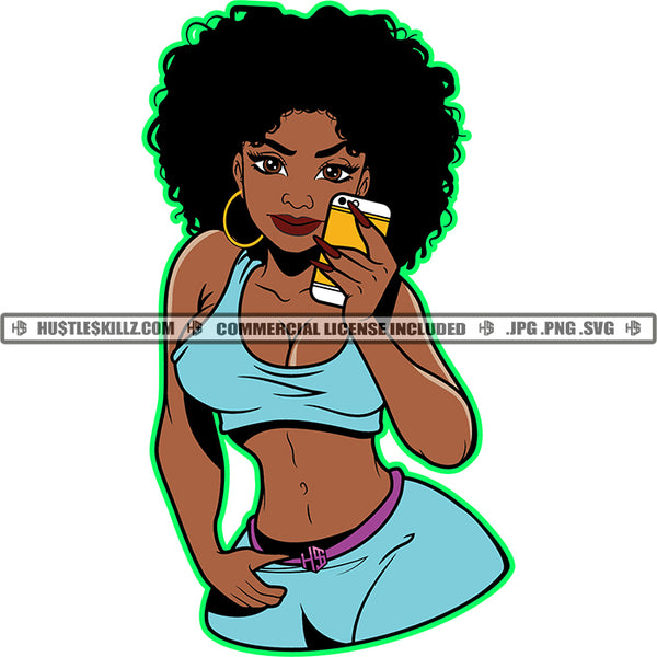 Live Learn Upgrade Color Quote African American Woman Standing And Holding Phone Take Selfie Design Element Afro Hair Style Wearing Bikini Beautiful Woman SVG JPG PNG Vector Clipart Cricut Cutting Files
