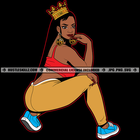 Nubian Woman Sitting Sexy Pose Crown On Head Melanin Woman Wearing Bikini Hustler Hustling SVG JPG PNG Vector Clipart Cricut Cutting Files