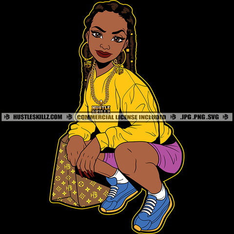 Nubian Lola Woman Sitting Sexy Pose Melanin Woman Holding Bag Smile Face Vector Design Element Hustler Hustling SVG JPG PNG Vector Clipart Cricut Cutting Files