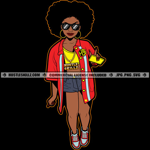 Nubian Lola Woman Standing Hand Holding Phone Melanin Woman Wearing Sunglass Afro Hair Style Vector Design Element Hustler Hustling SVG JPG PNG Vector Clipart Cricut Cutting Files