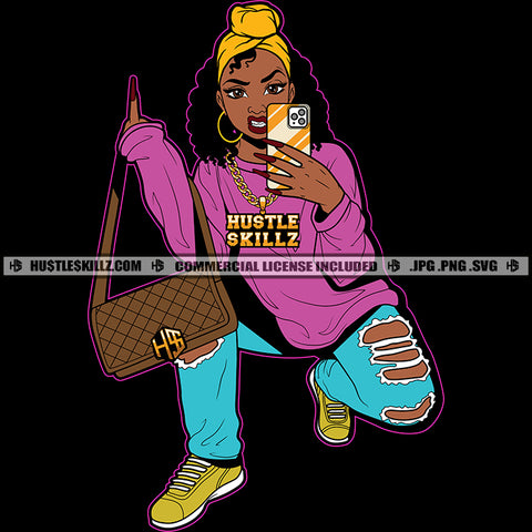 Nubian Lola Woman Setting Selfie Pose Hand Holding Phone And Bag Melanin Woman middle Finger Hand Sign Design Element Hustler Hustling SVG JPG PNG Vector Clipart Cricut Cutting Files