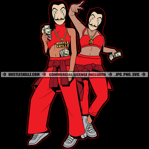 Nubian Lola Woman Standing Money Heist Face Mask Melanin Woman Holding Money Wearing Bikini Design Element Hustler Hustling SVG JPG PNG Vector Clipart Cricut Cutting Files