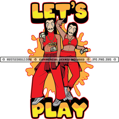 Lets Play Color Quote African American Woman Wearing Money Heist Musk Vector White Background Design Element Holding Cash Money Bundle Note SVG JPG PNG Vector Clipart Cricut Cutting Files