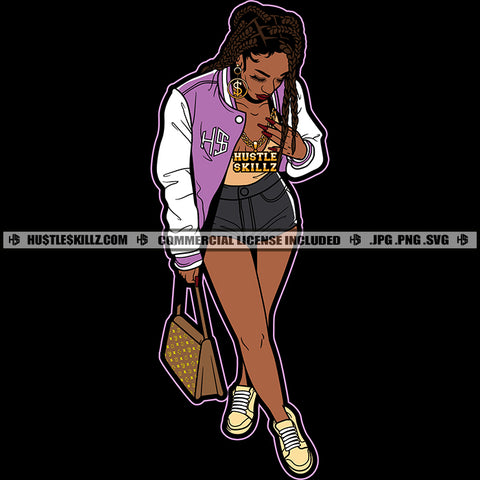 Nubian Lola Woman Standing Vector Holding Bag  Grind Grinding Money Cash Bank Dollar Bill Melanin Hustler Hustling SVG JPG PNG Vector Clipart Cricut Cutting Files