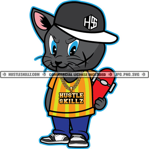 Gangster Scarface Cat Standing Design Element And Holding Skateboard Wearing Cap White Background Smile And Cute Face Cat SVG JPG PNG Vector Clipart Cricut Cutting Files