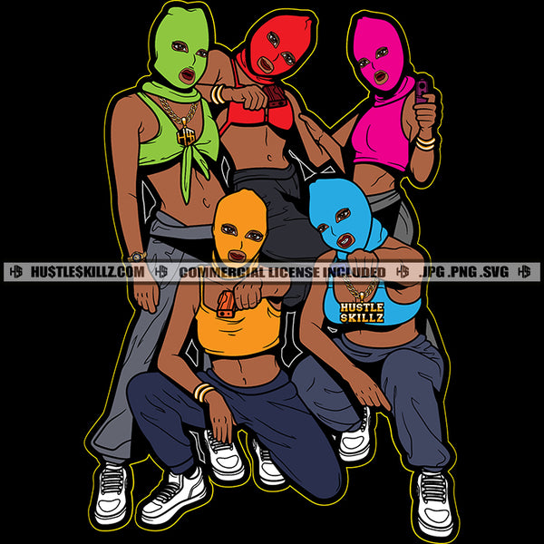 Gangster Girls Wearing Ski Mask Best Buddies Friends Squad Melanin Sisters Vector Design Element Hustler Hustling SVG JPG PNG Vector Clipart Cricut Cutting Files