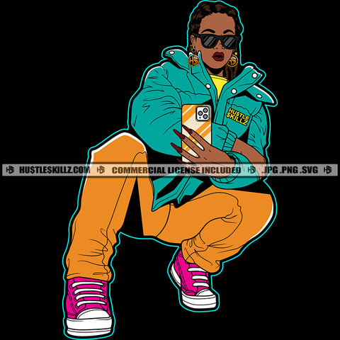 Nubian Lola Gangster Woman Selfie Pose Sitting Design Element Wearing Sunglass Melanin Woman Curly Hair Hustler Hustling SVG JPG PNG Vector Clipart Cricut Cutting Files