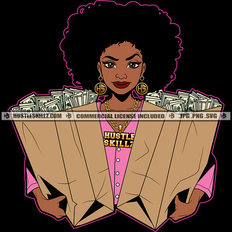 Nubian Beautiful Woman Holding Money Bag Afro Hair Smile Face Vector Design Element Hustler Hustling Cash Bank Bill SVG JPG PNG Vector Clipart Cricut Cutting Files