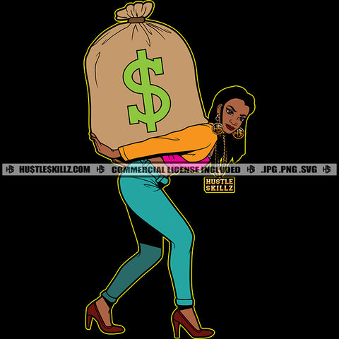 Nubian Lola Woman To Carrying Money Bag Melanin Woman Locs Dreads Hair Smile Face Girls Vector Design Element Hustler Hustling Cash Bank SVG JPG PNG Vector Clipart Cricut Cutting Files