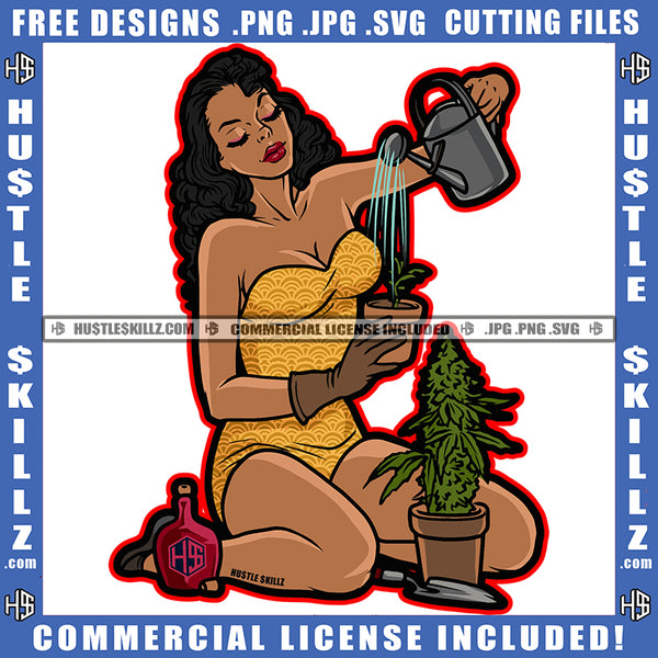 Melanin Women Planting Weed Sitting Vector Design Marijuana Tree Pot Wine Bottle African American Female Vector Portrait Cannabis High Life Blunt Smoking Smoke Pot Stoned SVG JPG PNG Vector Clipart Cricut Cutting Files