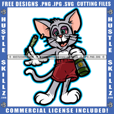 Tom Cat Holding Bottle Weed Blunt Vector Art Cat Wearing Short Colorful Design Element Marijuana Cannabis High Life Blunt Smoking Pot Stoned SVG JPG PNG Vector Clipart Cricut Cutting Files