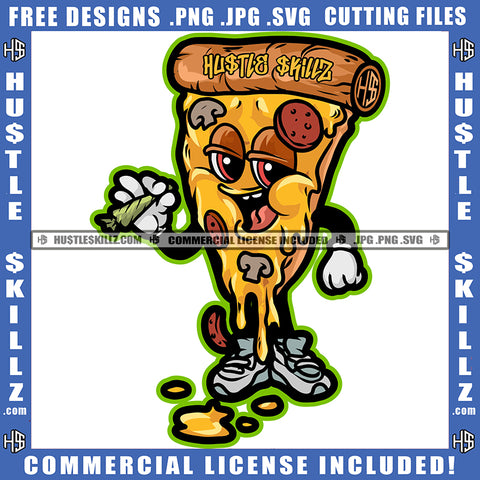 Cartoon Pizza Slice Smoking Marijuana Smile Face Design Element Pizza Slice Holding Weed Roll Hustler Hustling SVG JPG PNG Vector Clipart Cricut Cutting Files