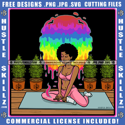 Curly Hair Melanin Women Sitting On Yoga Mat Weed Blunt Smoking Color Vector Marijuana Tree Pot Rainbow Color Background Afro American Women Design Element Cannabis High Life Blunt Smoking SVG JPG PNG Vector Clipart Cricut Cutting Files
