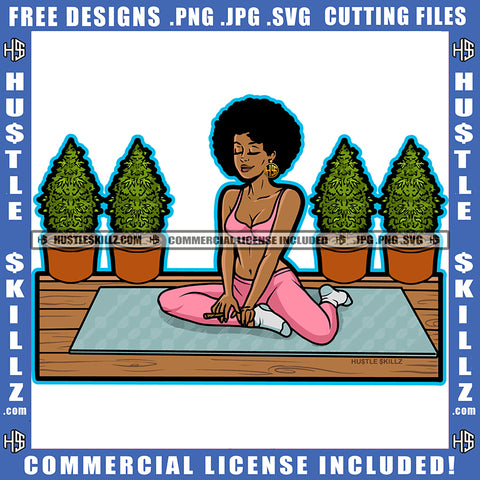 Curly Hair Melanin Women Sitting On Yoga Mat Weed Blunt Smoking Color Vector Portrait Marijuana Tree Afro American Women Design Element Cannabis High Life Blunt Smoking SVG JPG PNG Vector Clipart Cricut Cutting Files