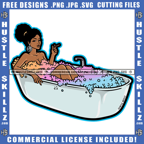 African American Woman Sleep On Bath Top Holding Marijuana Design Element Melanin Curly Hair Hustler Hustling SVG JPG PNG Vector Clipart Cricut Cutting Files