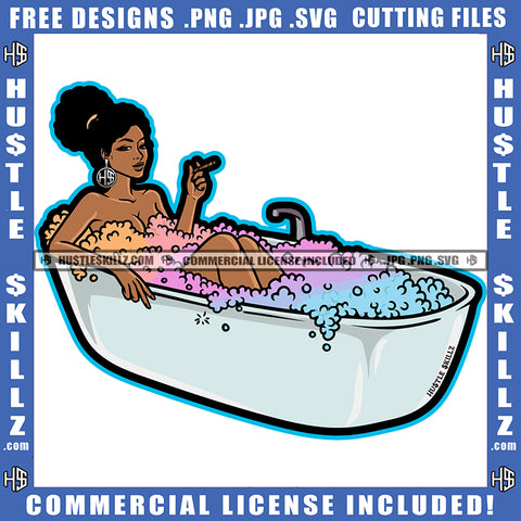 African American Woman Sleep On Bath Top Holding Marijuana Design Element Melanin Curly Hair Hustler Hustling SVG JPG PNG Vector Clipart Cricut Cutting Files