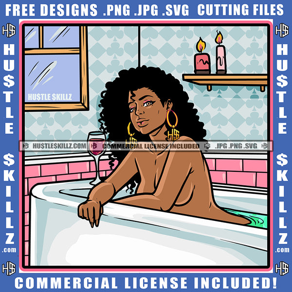 African American Sexy Woman Sleep On Bath Top Undress Design Element Melanin Woman Curly Hair Hustler Hustling SVG JPG PNG Vector Clipart Cricut Cutting Files