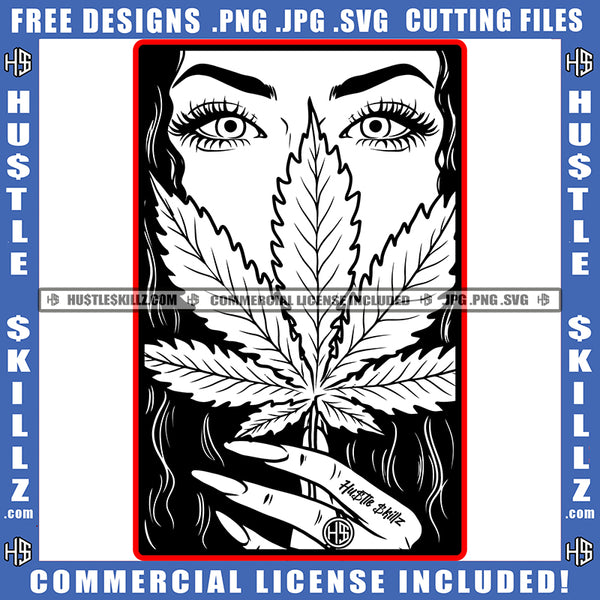 Green Eye Melanin Women Holding Marijuana Leaf BW Vector Portrait Long Nail Ring Afro American Women Cannabis High Life Silhouette SVG JPG PNG Vector Clipart Cricut Cutting Files
