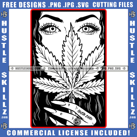 Green Eye Melanin Women Holding Marijuana Leaf BW Vector Portrait Long Nail Ring Afro American Women Cannabis High Life Silhouette SVG JPG PNG Vector Clipart Cricut Cutting Files