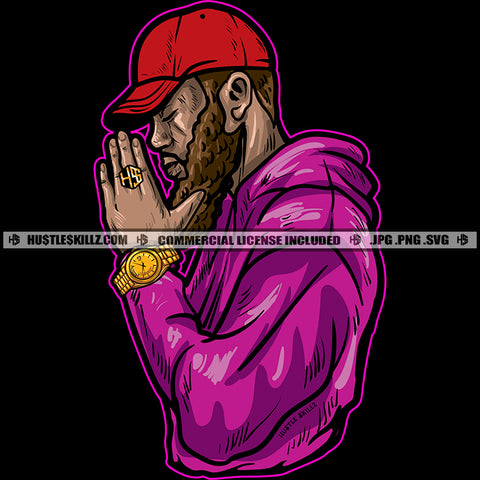 African American Man Praying Long Beard Grind Hustler Melanin Man Wearing Base Ball Cap Vector Design Element Hustler Hustling SVG JPG PNG Vector Clipart Cricut Cutting Files
