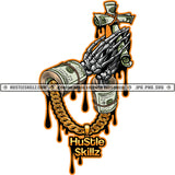 Skull Skeleton Hand Holding Money Roll Cross Gold Chain Color Dripping Cash Money Roll White Background Hard Praying Hand SVG JPG PNG Vector Clipart Cricut Cutting Files