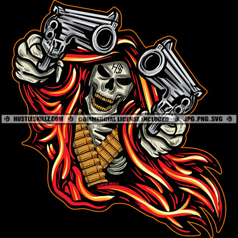 Skull Skelton Hand Holding Gun Vector Skull Smile Face With Golden Teeth Fire Bullet Design Element Hustler Hustling SVG JPG PNG Vector Clipart Cricut Cutting Files