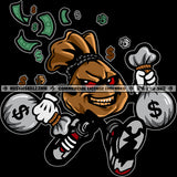 Money Bag Cartoon Character Holding Money Bag Design Element Red Eye Smile Face Black Background SVG JPG PNG Vector Clipart Cricut Cutting Files