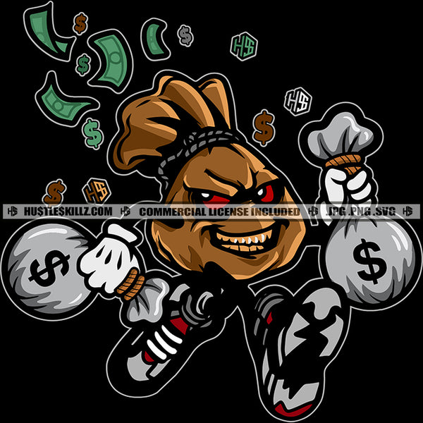 Money Bag Cartoon Character Holding Money Bag Design Element Red Eye Smile Face Black Background SVG JPG PNG Vector Clipart Cricut Cutting Files