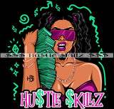 African American Woman Wearing Sunglass Ponytail Holding Money Stack Cash Hustle Hustle Skills Hustler Black Background Symbol Design Element SVG JPG PNG Vector Clipart Cricut Cutting Files