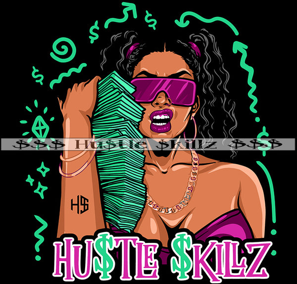 African American Woman Wearing Sunglass Ponytail Holding Money Stack Cash Hustle Hustle Skills Hustler Black Background Symbol Design Element SVG JPG PNG Vector Clipart Cricut Cutting Files