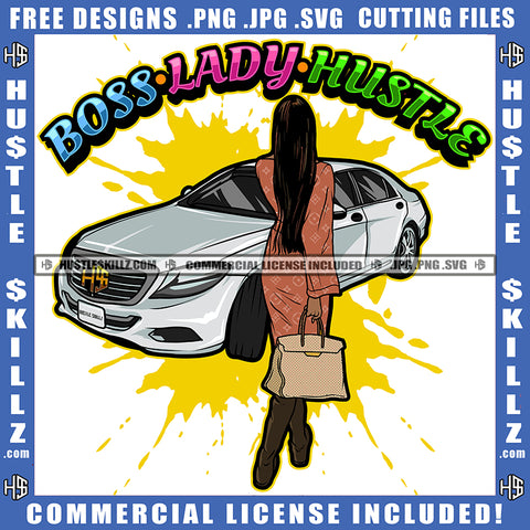 Boss Lady Hustle African American Rich Woman Standing Holding Bag Design Element Melanin Woman Car Standing Hustler Hustling SVG JPG PNG Vector Clipart Cricut Cutting Files