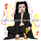 Beautiful African American Woman Sitting Sexy Pose Vector Long Hair Design Element Hand Holding Gun Gangster Girl SVG JPG PNG Vector Clipart Cricut Cutting Files