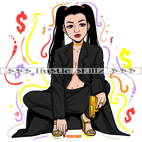 Beautiful African American Woman Sitting Sexy Pose Vector Long Hair Design Element Hand Holding Gun Gangster Girl SVG JPG PNG Vector Clipart Cricut Cutting Files