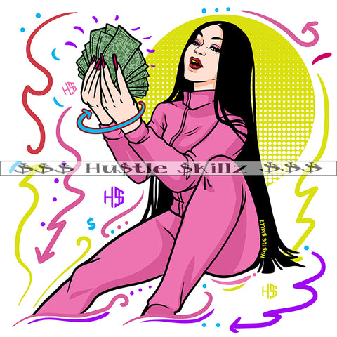 Beautiful Woman Hand Holding Cash Note Smile Face Design Element Symbol Art Work Sitting Sexy Pose White Background SVG JPG PNG Vector Clipart Cricut Cutting Files