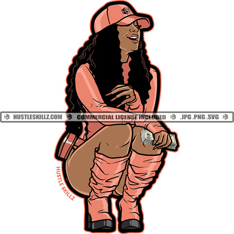 Sexy African American Woman Sitting Pose Vector Girls Hand Holding Money Wearing Cap Curly Hair Style Smile Face White Background SVG JPG PNG Vector Clipart Cricut Cutting Files