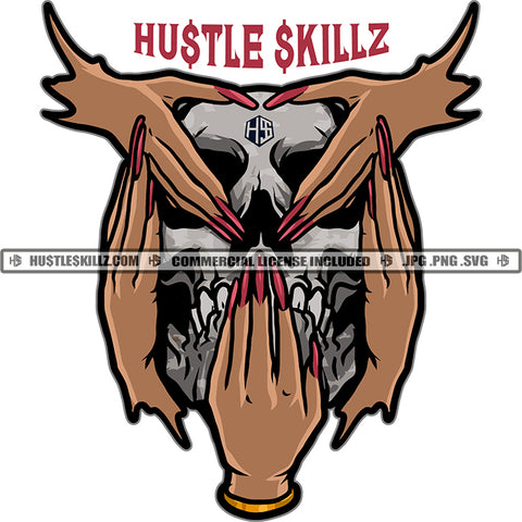 Skull Skeleton Head See No Evil Hear No Evil Speak No Evil Skull Hands Savage Woman Hand Design Element Long Nail White Background SVG JPG PNG Vector Clipart Cricut Cutting Files