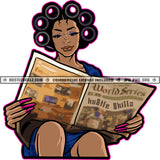 Black Woman Sitting Reading Newspaper Rollers In Hair Blue Robe World Series White Background Design Element SVG JPG PNG Vector Clipart Cricut Cutting Files