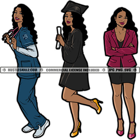 Three Professional Ladies Nurse Graduate Business Woman Uniform Suits Vector White Background Cute Smile Face Design Element  SVG JPG PNG Vector Clipart Cricut Cutting Files