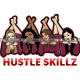 Four Ladies Laying Down Feet Up Maroon Dresses Black and White Sister Sleeping Design Element White Background Beautiful Woman SVG JPG PNG Vector Clipart Cricut Cutting Files