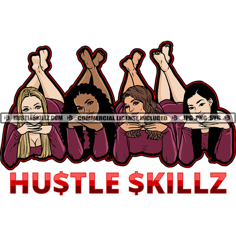 Four Ladies Laying Down Feet Up Maroon Dresses Black and White Sister Sleeping Design Element White Background Beautiful Woman SVG JPG PNG Vector Clipart Cricut Cutting Files