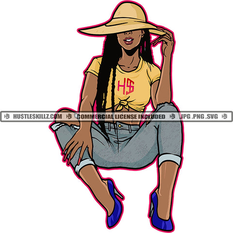 African American Woman Sitting Design Element Melanin Nubian Girl Wearing Hat Black Girl Magic Ski Mask Gangster SVG JPG PNG Vector Clipart Cricut Cutting Files