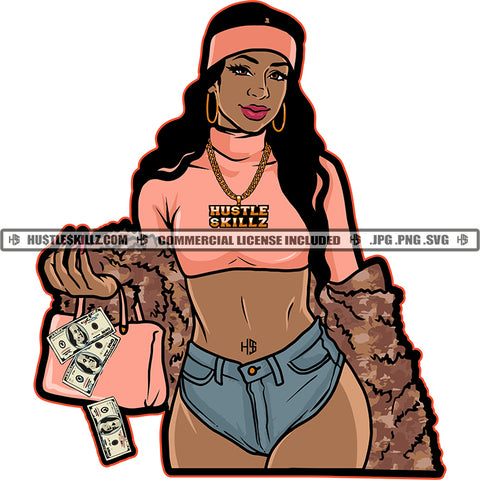 African American Woman Holding Bag Nubian Girl Wearing Short Pant Black Girl Curly Hair Design Element Magic Ski Mask Gangster SVG JPG PNG Vector Clipart Cricut Cutting Files