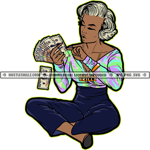 African American Woman Holding Money Melanin Girl Sitting Design Element Magic Ski Mask Gangster SVG JPG PNG Vector Clipart Cricut Cutting Files