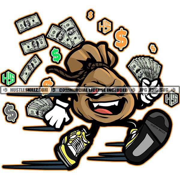 Money Bag Running Vector Design Element Money Bag Holding Money Red Eyes Vector SVG JPG PNG Vector Clipart Cricut Cutting Files