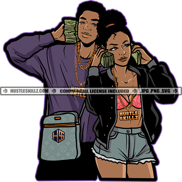 African American Couple Standing Design Element Melanin Nubian Couple Holding Money Bundle Magic Ski Mask Gangster SVG JPG PNG Vector Clipart Cricut Cutting Files