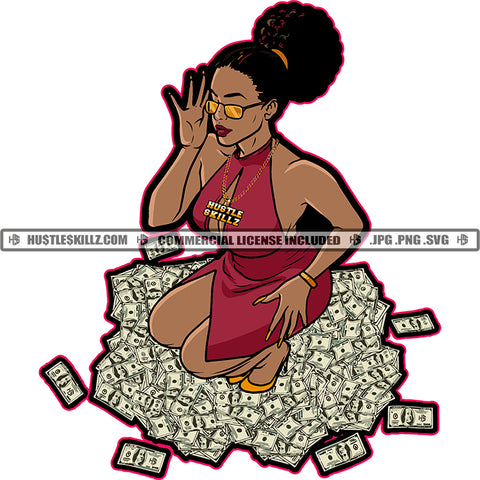 African American Woman Sitting On Money Melanin Nubian Girl Wearing Sunglass Black Girl Sexy Pose Magic Ski Mask Gangster SVG JPG PNG Vector Clipart Cricut Cutting Files