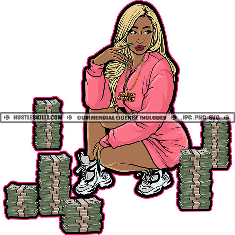 African American Woman Sitting Golden Hair Melanin Girl Sexy Pose Bundle Money On Floor Design Element Black Girl Magic Ski Mask Gangster SVG JPG PNG Vector Clipart Cricut Cutting Files