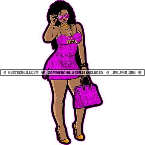 African American Sexy Woman Standing Melanin Nubian Girl Holding Bag Wearing Sunglass Design Element Black Girl Magic Ski Mask Gangster SVG JPG PNG Vector Clipart Cricut Cutting Files